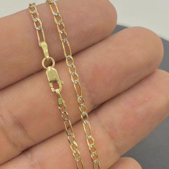 14K Yellow Gold Two Tone Necklace Figaro 20" Chain for Womens Fashion Design - Picture 1 of 5